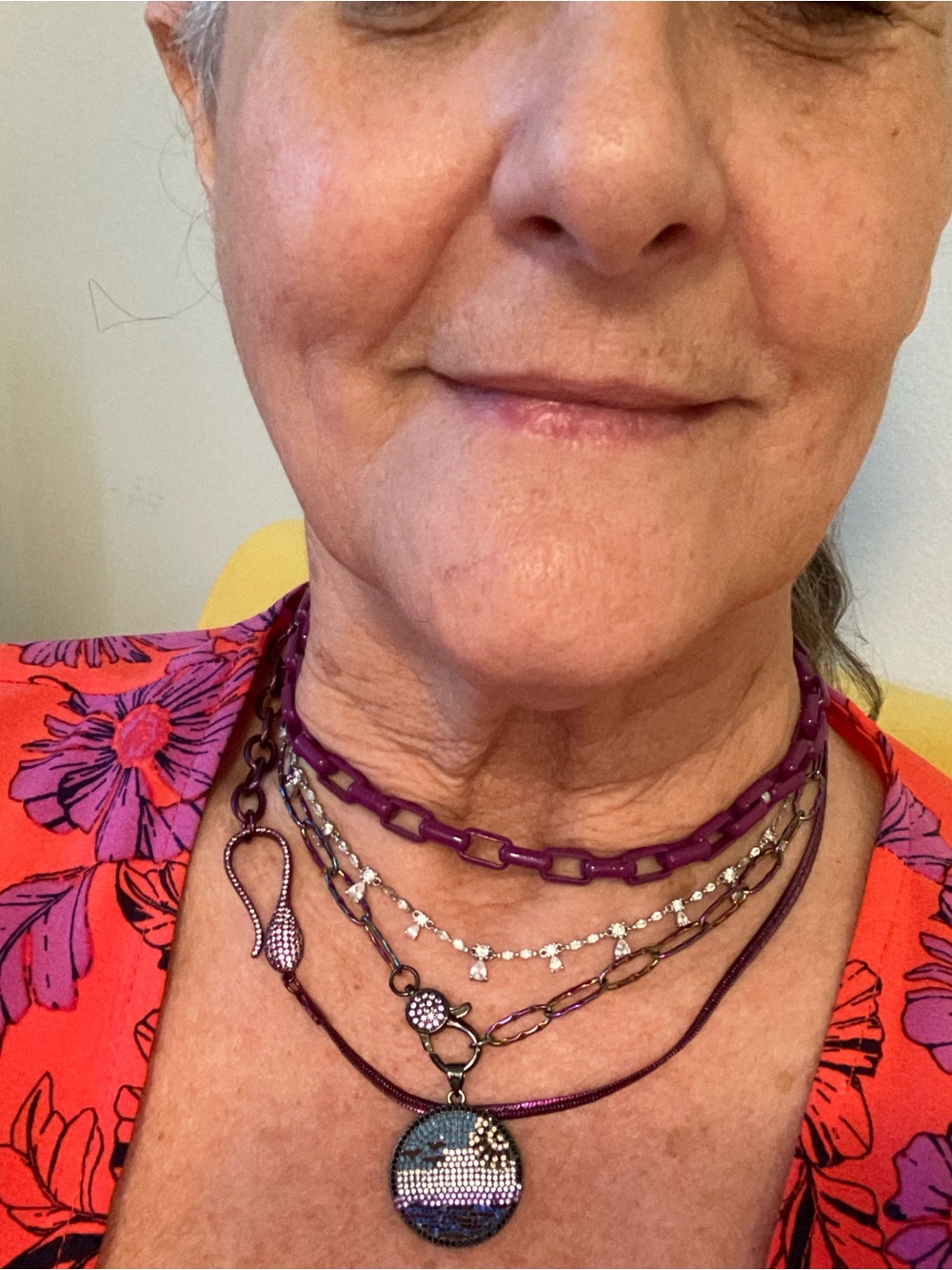 Purple Mixed-Media Layered Necklace Set enamel Swavorski one of a kind